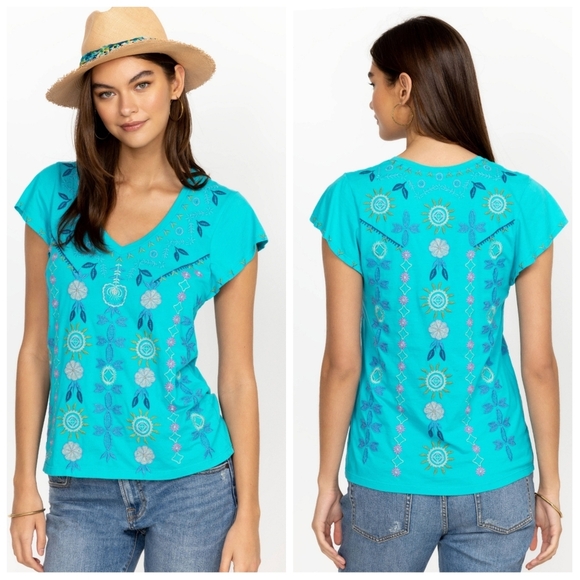 Johnny Was Oriel Flutter Sleeve Tee Embroidered Top XS - Picture 1 of 11
